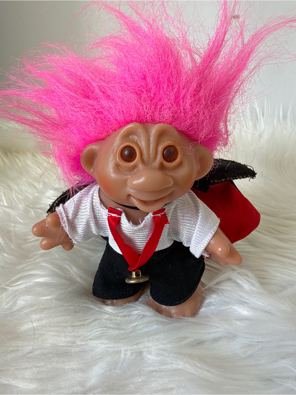 Trolls Troll Doll with Bright Pink Hair, Red Cape and Black Outfit Vampire 80s